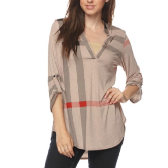 Mocha Plaid Knit 3/4 Sleeve Pullover Shirt Top - Picture 2 of 2